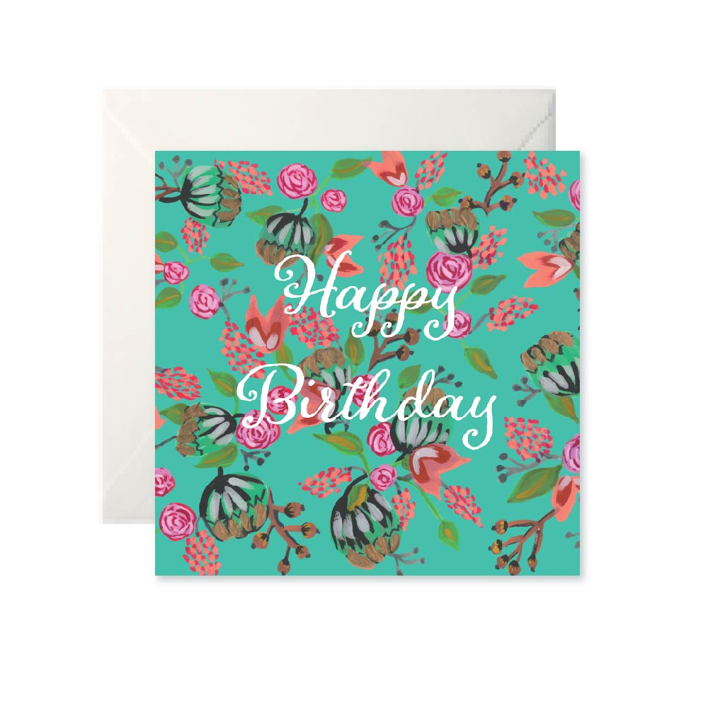 Birthday Card Floral Teal by Helen Magee Hairy Fruit Art